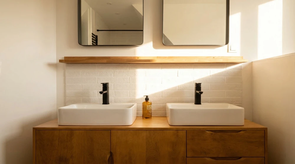 Salle de bains moderne avec double vasque à poser rectangulaire en céramique blanche, robinetterie monotrou noire mate, meuble sous-vasque en chêne massif avec portes et tiroirs