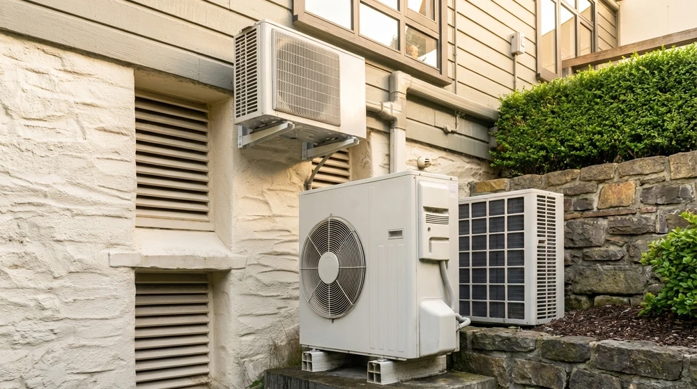 Extérieur d'un bâtiment résidentiel, trois unités extérieures de climatisation installées contre un mur en pierre blanche