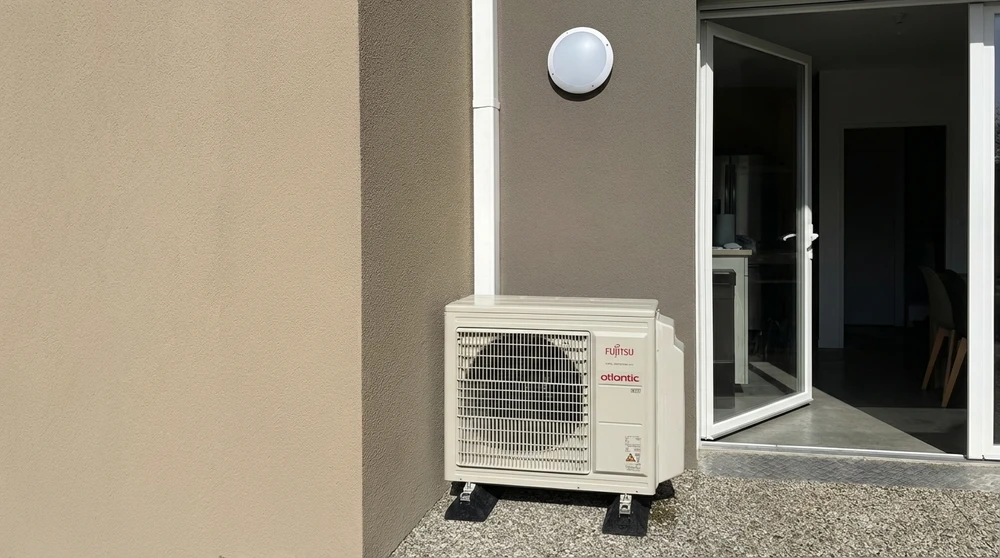 Unité extérieure de climatisation réversible **Fujitsu Atlantic** installée en façade extérieure d'une maison contemporaine