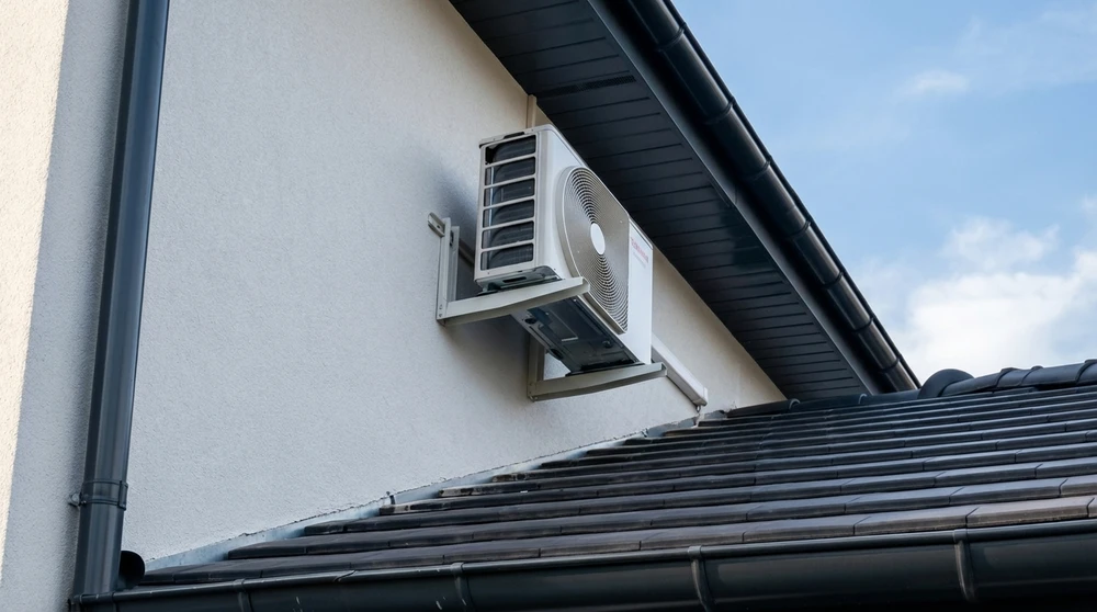 Unité extérieure de climatisation split system fixée en hauteur sur façade enduite blanche, sous débord de toiture