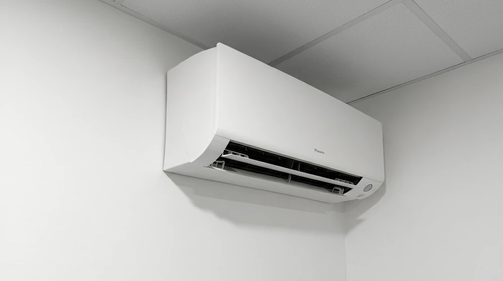 Unité intérieure de climatisation murale **Daikin**, type split-system, montée en angle de mur dans un local tertiaire