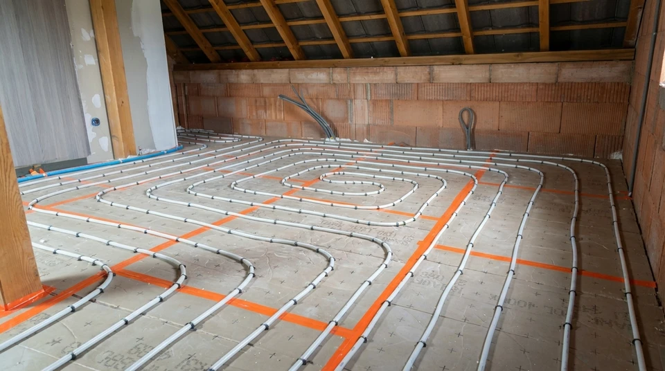 Intérieur résidentiel avec radiateur à eau chaude installé contre mur vert
