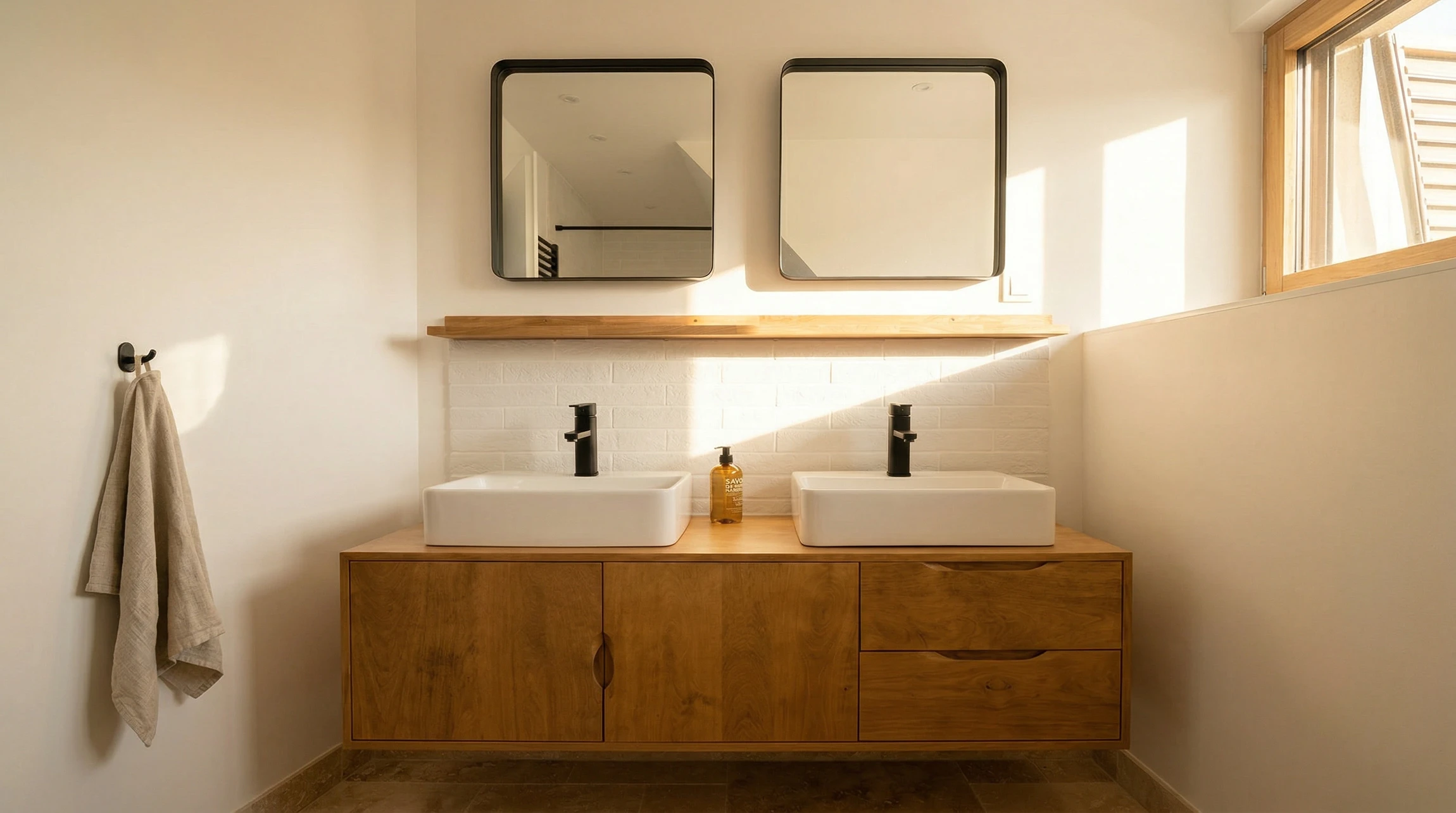 Salle de bain moderne avec douche à l'italienne, WC suspendu et meuble vasque